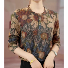 气质圆领小衫秋季新款长袖复古花色优雅百搭时尚洋气套头女衬衫