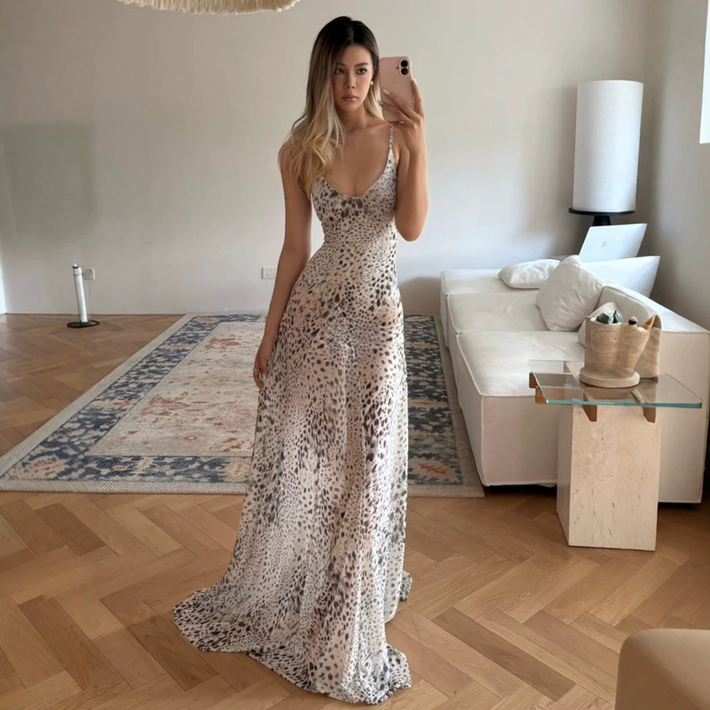 2026 Summer Leopard Print Strap Dress Women's High-Waisted Long Dress Amazon Cross-Border Bestseller Sweet Vacation Style 2026 Summer Leopard Print Strap Dress Women's High-Waisted Long Dress Amazon Cross-Border Bestseller Sweet Vacation Style