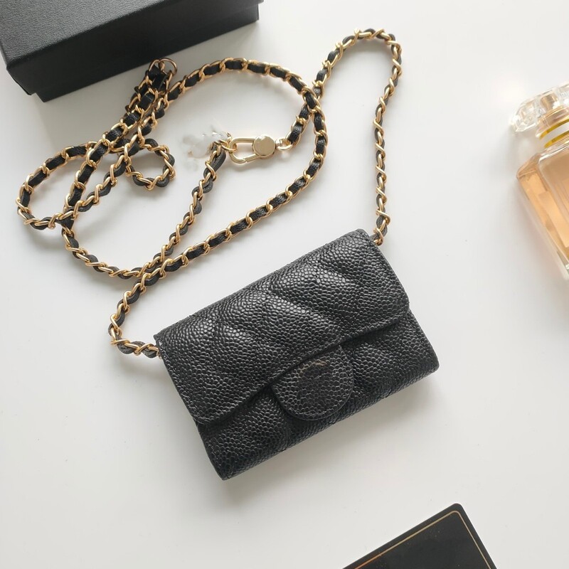 Chanel-Style Caviar Leather Crossbody Chain Small Bag, High-End Luxury Lipstick Card Holder, Coin Purse, Mini Storage Pouch for Women