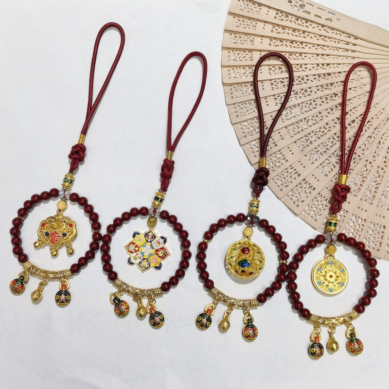 Cinnabar Car Hanging Amulet for Good Luck and Safety, New Year Red Gold-Eating Beast Lucky Cat Car Hanging Ornament Wholesale