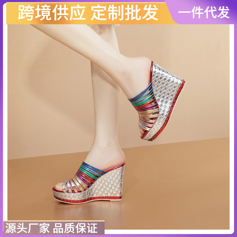 Rainbow Wedge Heel Fish Mouth Sandals for Women 2026 Summer New Style Waterproof Platform Thick Sole Super High Heel Genuine Leather Sandals for Women