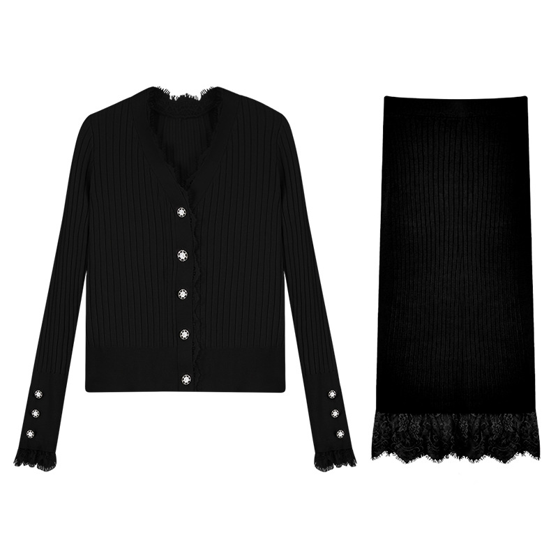 수플레_니트 수트 여성 가을 ??겨울 신작 브이넥 가디건 탑+스커트 투피스 세트