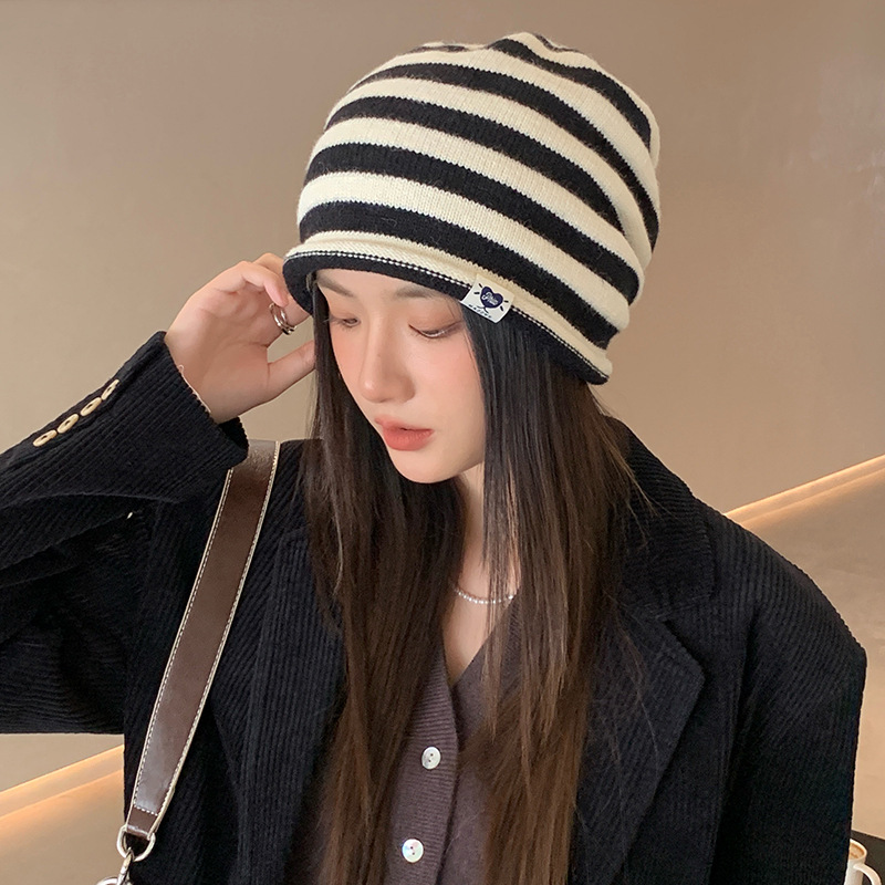 秋冬毛羊针织帽冷帽双色拼卷边高级堆堆帽女欧美护耳包头帽显脸小|undefined