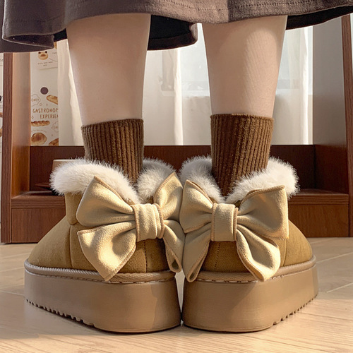 New braided straw bag and bow cotton shoes for women, winter thick sole elevated, versatile lined warm snow boots can be worn outside