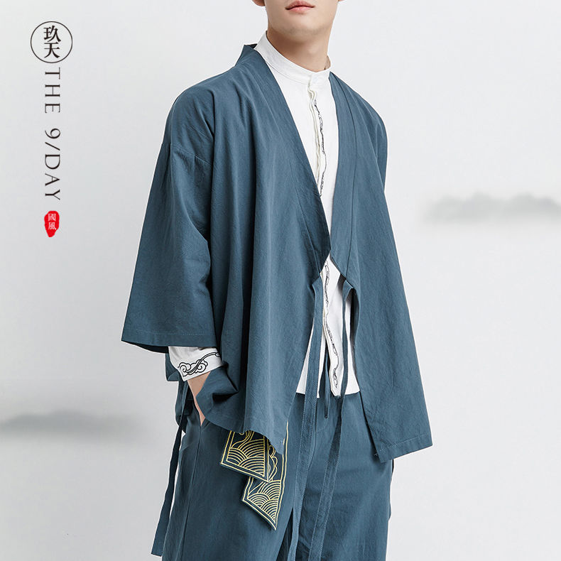 Túnica de estilo antiguo, traje de moda Tang, chaqueta retro de estilo chino, Hanfu para hombre, manga suelta de gran tamaño, media manga