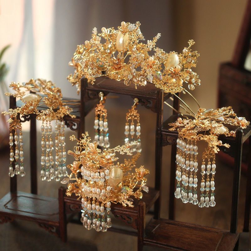 中式新娘头饰套装金色大气古风前后冠2021新款古装发饰秀禾饰至哲