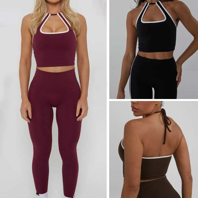 Color contrastante correa colgando el conjunto de ropa de pelusa para mujeres desnudas sensación de secado rápido con cojín de pecho deportivo alta cintura elevación de cadera dos piezas conjunto