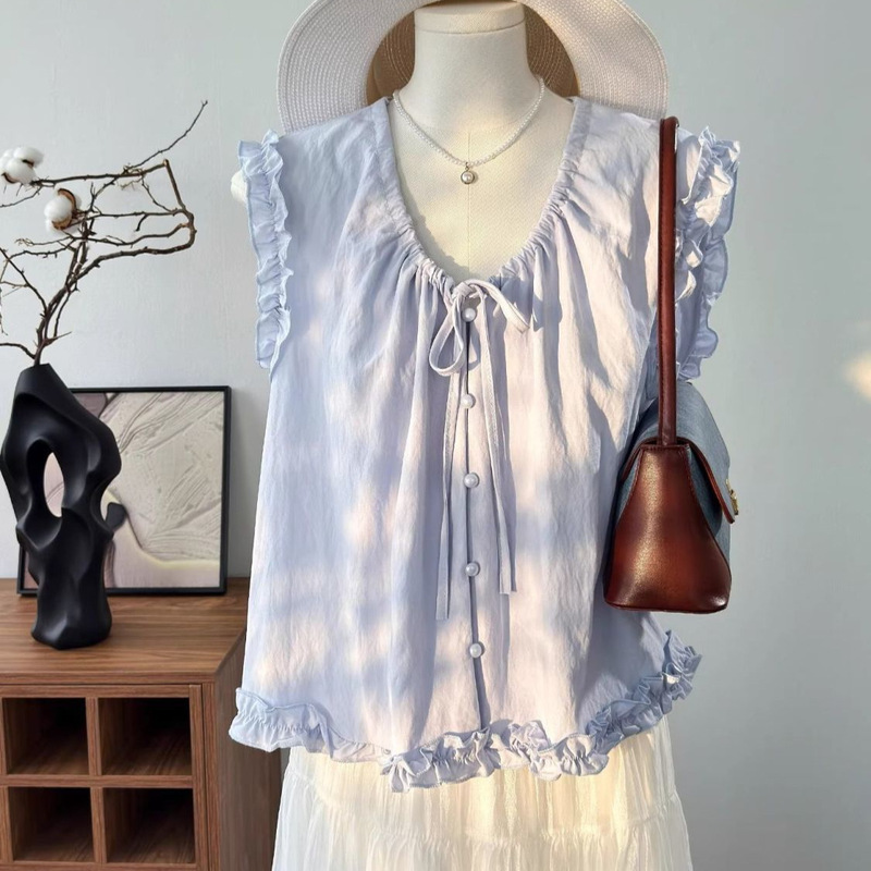 Japanese-Style Blue Sleeveless Shirt for Women, Summer Pure and Youthful Look, Ruffled Edge, Small Flutter Sleeve Tank Top, Doll Shirt
