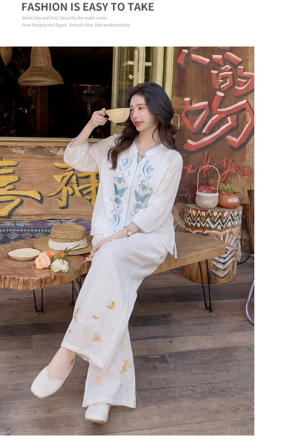 Bộ quần áo hai mảnh nữ chất liệu ramie thêu hoa, áo sơ mi phối quần ống rộng — Màu hồng, màu trắng chi tiết 25