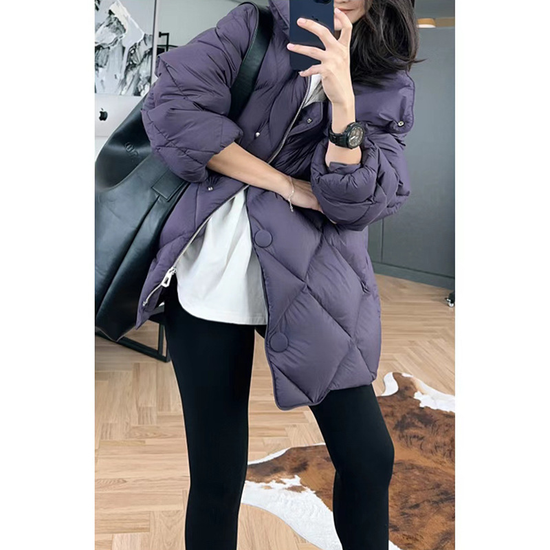 디자인감 있는 마름모 무늬 90% 화이트 덕다운 보온 다운 재킷 여성용 가을 겨울 신상 2025 루즈핏 두꺼운 패딩