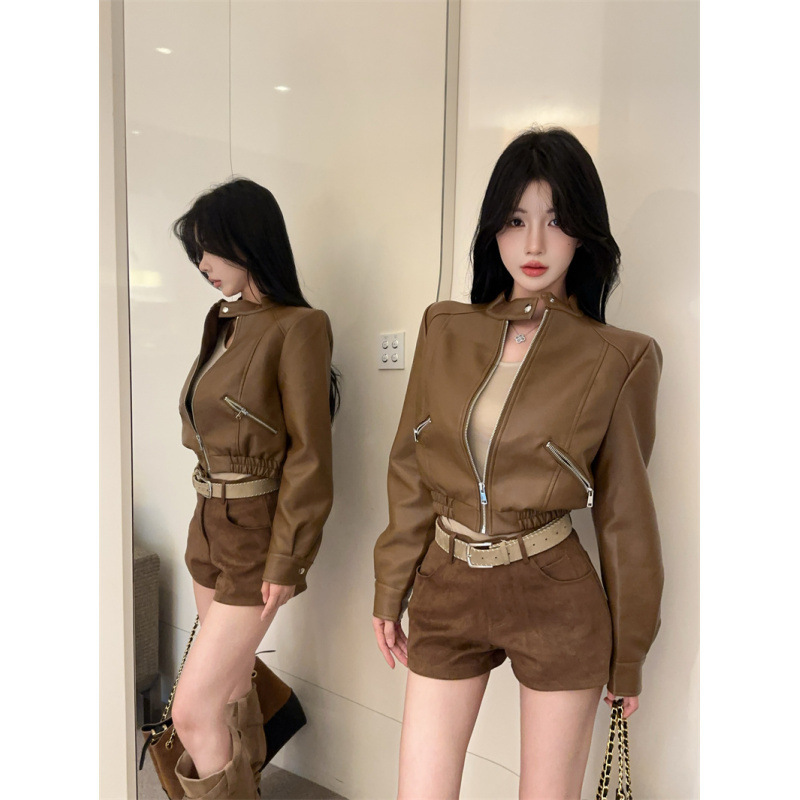 秋季新款甜酷辣妹百搭短款机车服夹克高腰皮衣外套女上衣|undefined