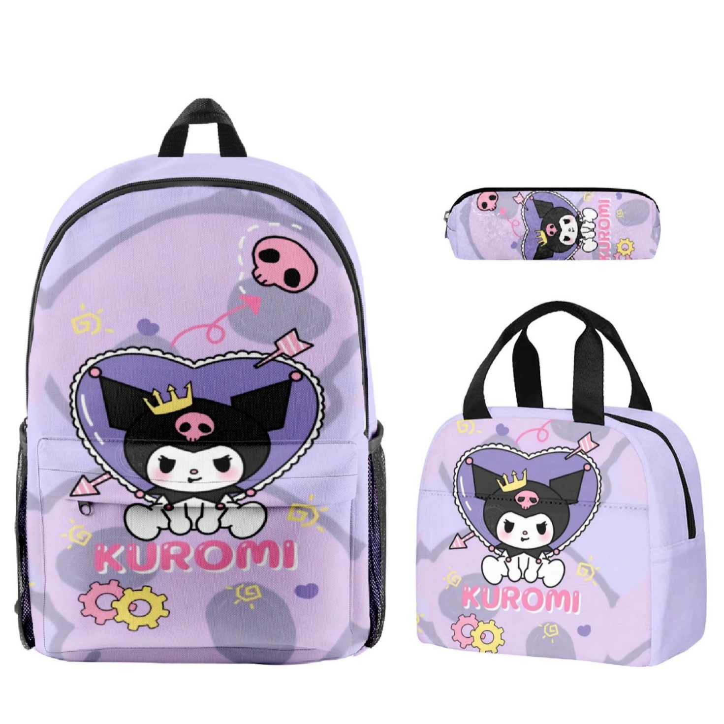 Kuromi Kuromihellokitty сумка-рюкзак для школы, термо-ланчбокс, сумка для ручной переноски, пенал — комплект из трех предметов