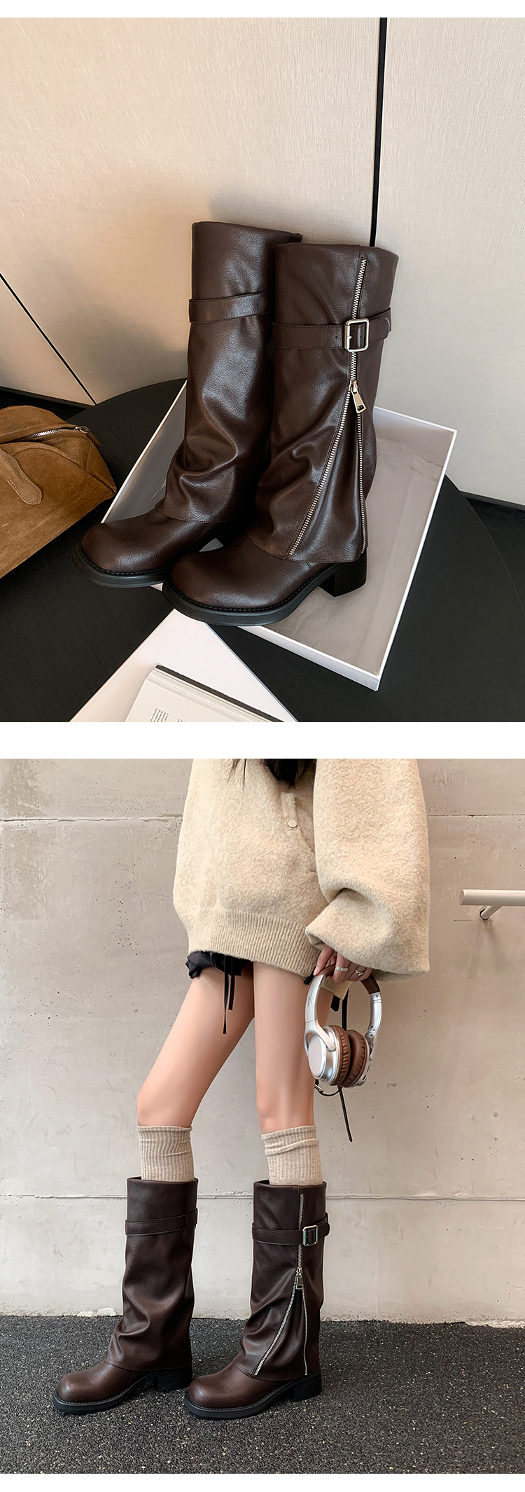 Boot nữ cổ cao ôm bắp chân da thật mũi tròn gót vuông Chunky khóa thắt lưng — màu đen, nâu đậm chi tiết 12