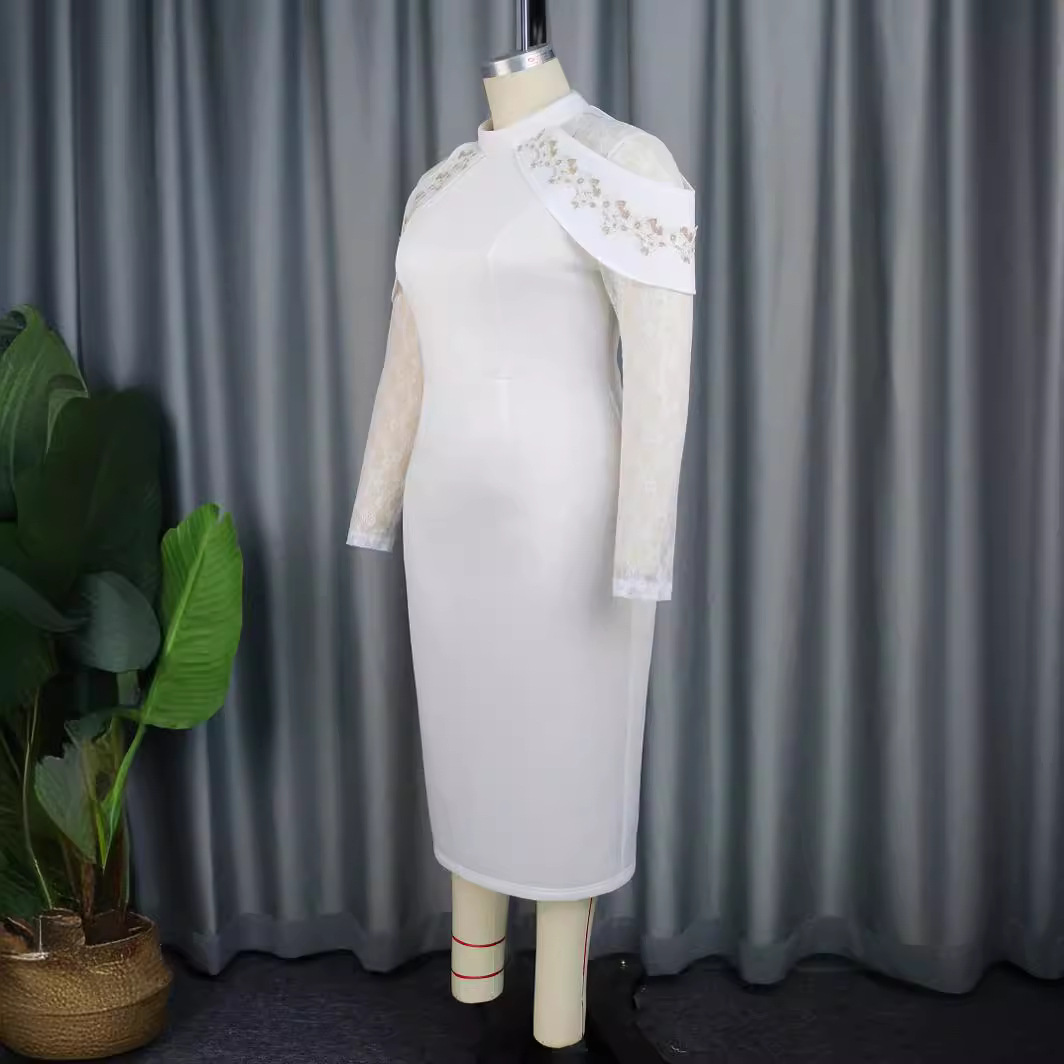 Abito in pizzo floreale da donna, temperamento elegante, piccolo colletto alto, gonna lunga fino alla vita, vestito_voghion.com