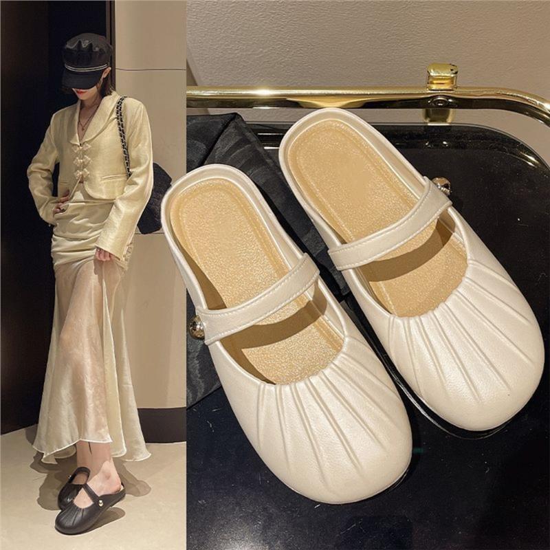 新款包头半拖鞋女外穿时尚夏季百搭复古平底一脚蹬懒人褶皱凉拖鞋