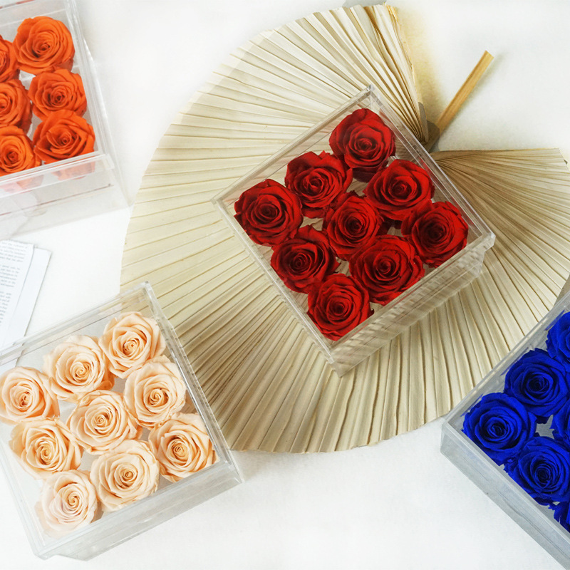 Venta caliente transfronteriza acrílico 9 rosas eterna flor caja de joyería eterna flor Rosa caja del cajón