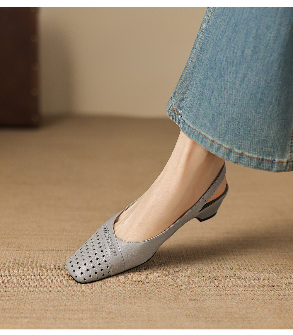 Sandal nữ gót thấp 3.5 cm mũi kín quai ngang khóa một chữ — Sương mù xanh chi tiết 14