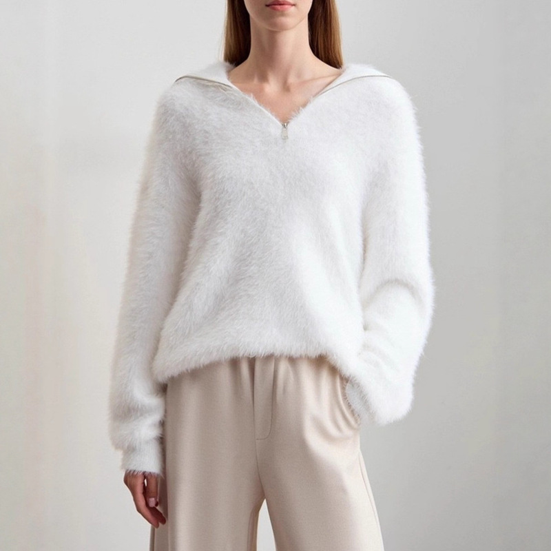 Imitation Mink Velvet Turtleneck Knitwear for Women 2025 Autumn and Winter Half-Cardigan Zipper Knitwear Off-Shoulder Sleeve Top Cross-Border Exclusive Supply