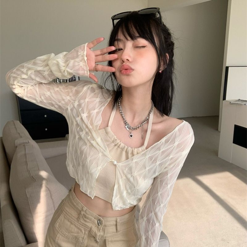 American-style sweet and spicy mesh shirt women's summer new outer cardigan thin pure style slim-fit short long-sleeved top American-style sweet and spicy mesh shirt women's summer new outer cardigan thin pure style slim-fit short long-sleeved top