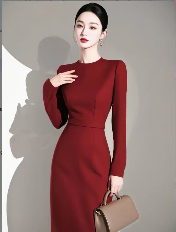 新款早春重要场合法式气质高级感晚礼服红色连衣裙女显瘦长袖2025|undefined