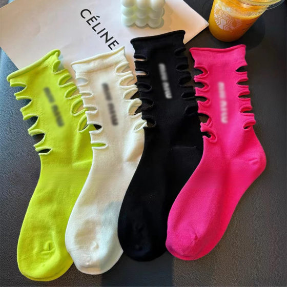 Summer New Style Socks Women's Personalized Hole Fishbone Socks Hot Stamping Letter Mid-Socks Cotton European Goods Stylish Socks