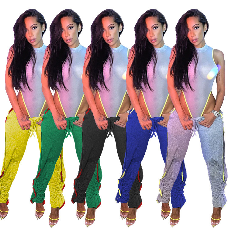 Y66186 Cross-border Women's Autumn and Winter New Trendy and Cool Ruffled Double-sided Cut Out Stacked Tight Jogging Pants