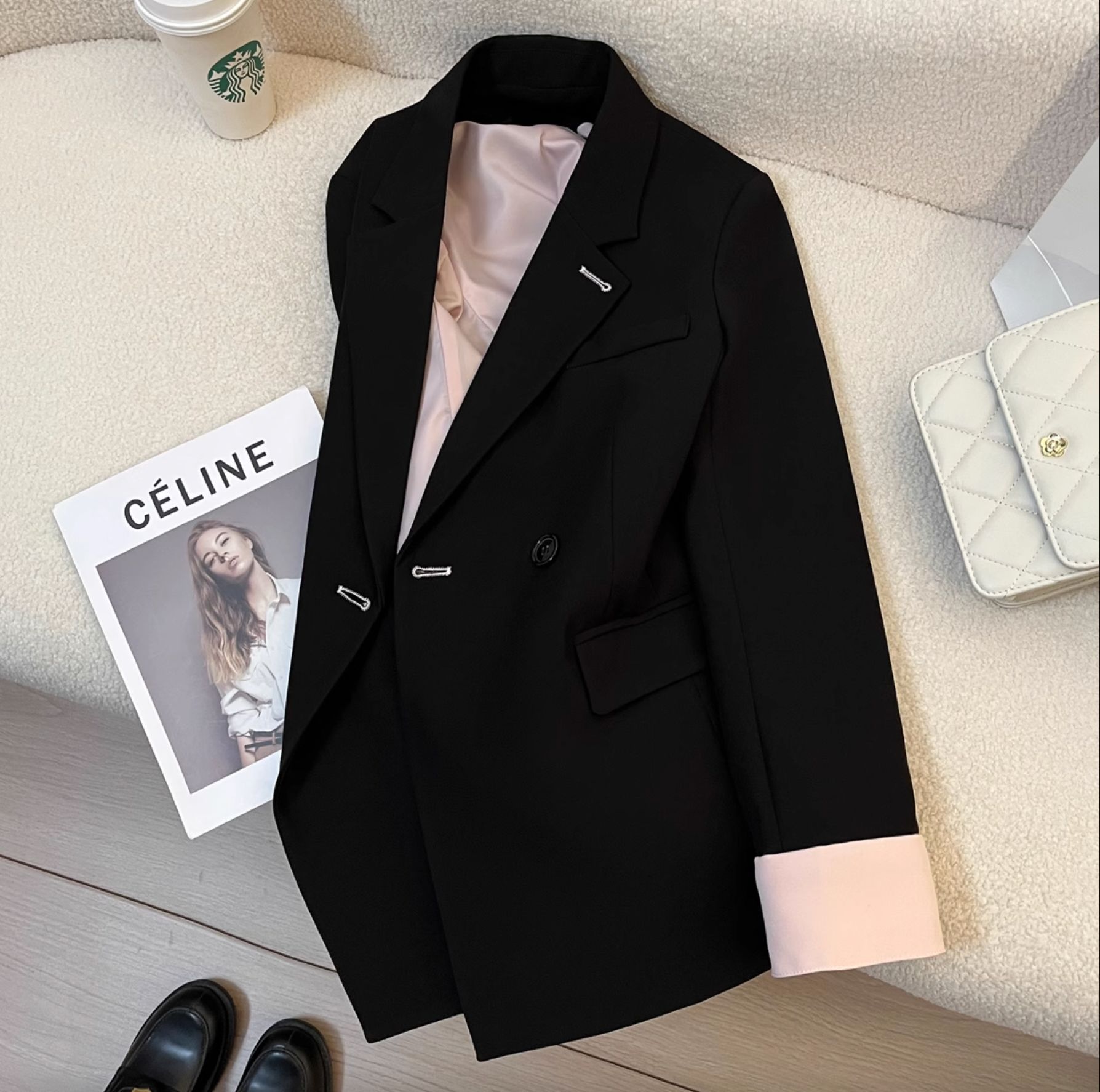 2026 Spring New Arrival Black Patchwork Blazer for Petite Women, High-Quality Texture, Casual Style, Striking on the Street