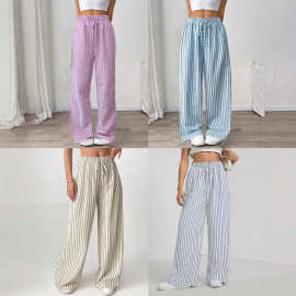 欧美跨境外贸定制女装爆款独立站shein亚马逊条纹休闲长裤直筒裤