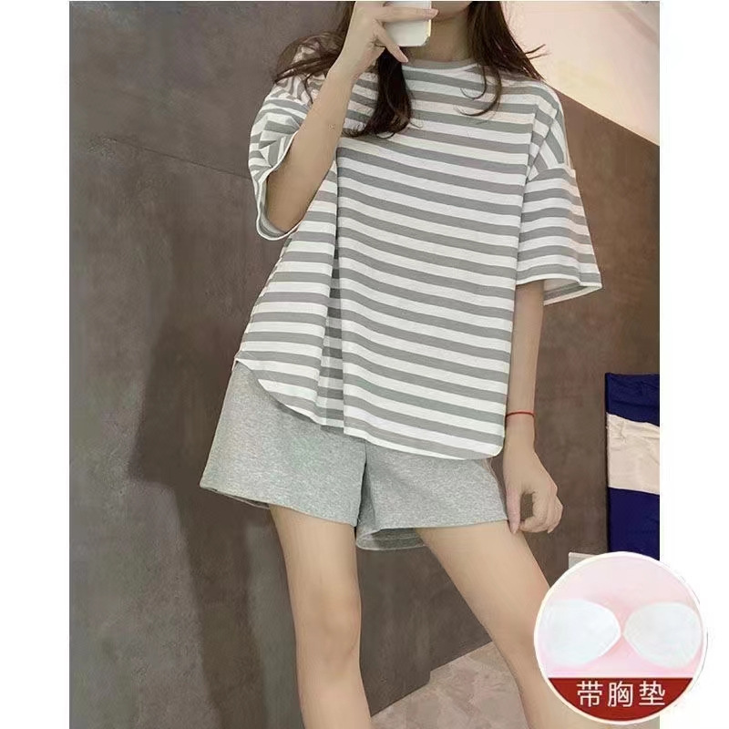 Factory Direct Sales Pajamas for Women Summer Short-sleeved Chest Pad Stripesd Suit Cross-border Amazon Home Clothes Large Discount Factory Direct Sales Pajamas for Women Summer Short-sleeved Chest Pad Stripesd Suit Cross-border Amazon Home Clothes Large Discount