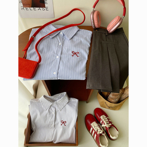 Retro Hong Kong Style Bowknot Embroidered Striped Shirt 2025 Autumn Casual Loose Versatile Long-Sleeved Top Jacket for Women