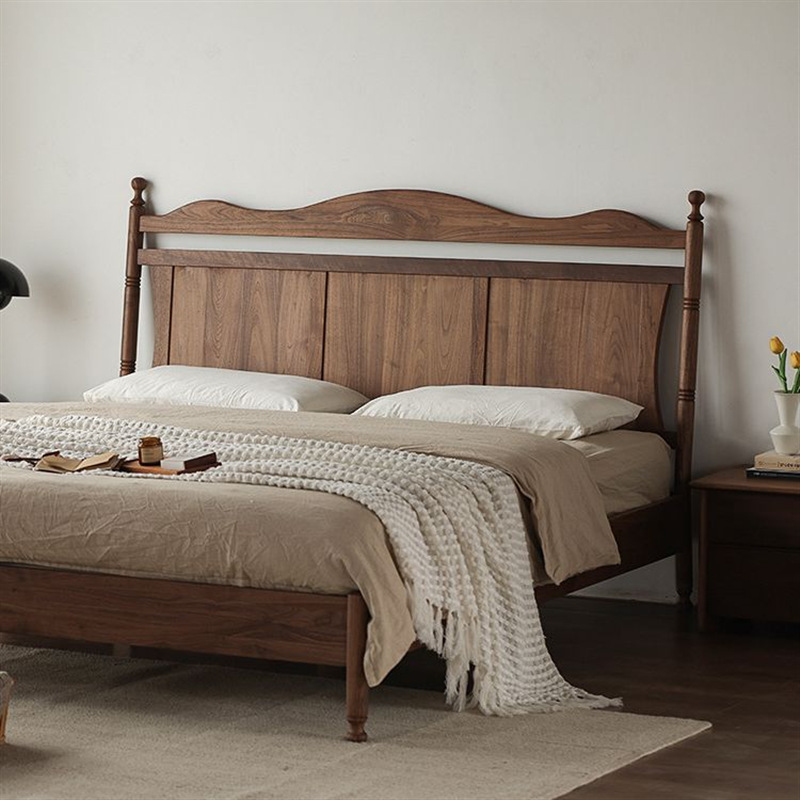 法式复古黑胡桃木双人床北欧全实木婚床复古主卧现代简约1.5米床