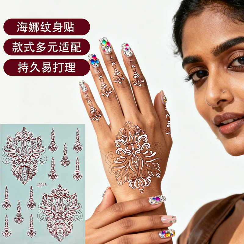 Two-Color Hand Henna Tattoo Stickers with Paisley Flower Traditional Art Patterns, Cultural Temporary Tattoo Stickers for Hand Decoration