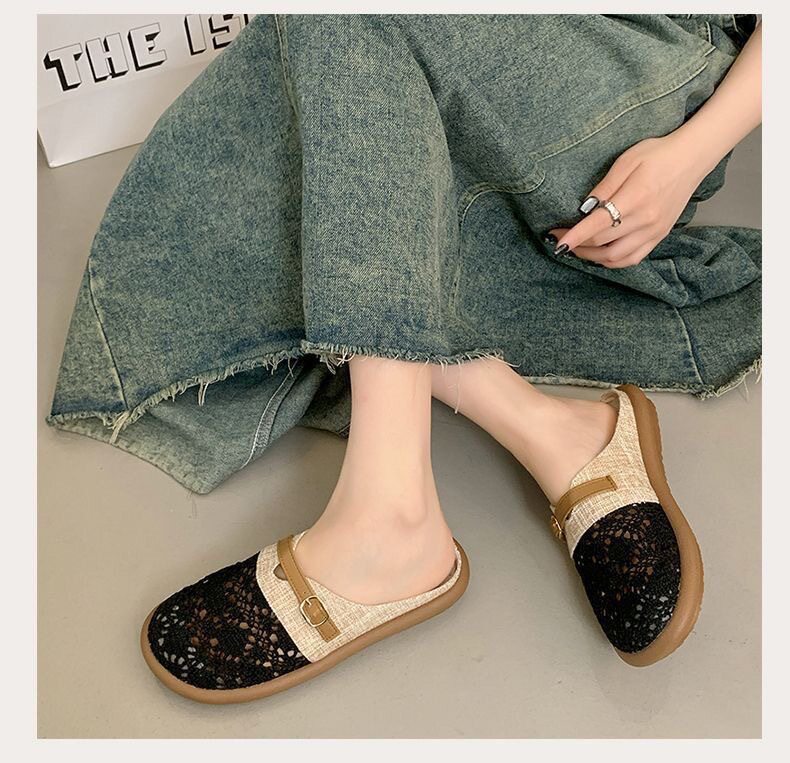 Dép lê nữ bít mũi vải lanh thêu hoa nhí, đế bằng gót thấp 1–3 cm, kiểu xỏ chân thoáng khí — Dép lê nữ S3 - màu be [hộp], Dép lê nữ S3 - màu đen [hộp] chi tiết 13