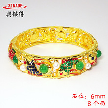 民族风铜合金镶玉珐琅珍珠锦鲤卡扣手镯滴油仿真假黄金鲤鱼手环