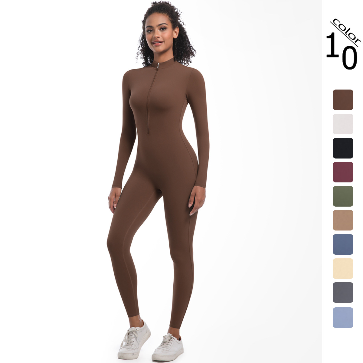 Nuevo transfronterizo medio abierto cremallera apertado de color sólido alto elástico yoga largo fitness correr camiseta deportiva