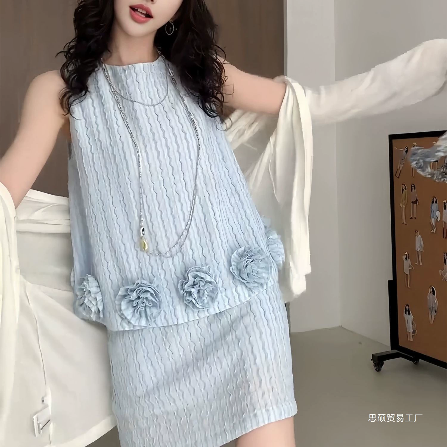 Новый летний повседневный однотонный топ без рукавов + тонкая юбка с высокой талией, короткая юбка, костюм 8256