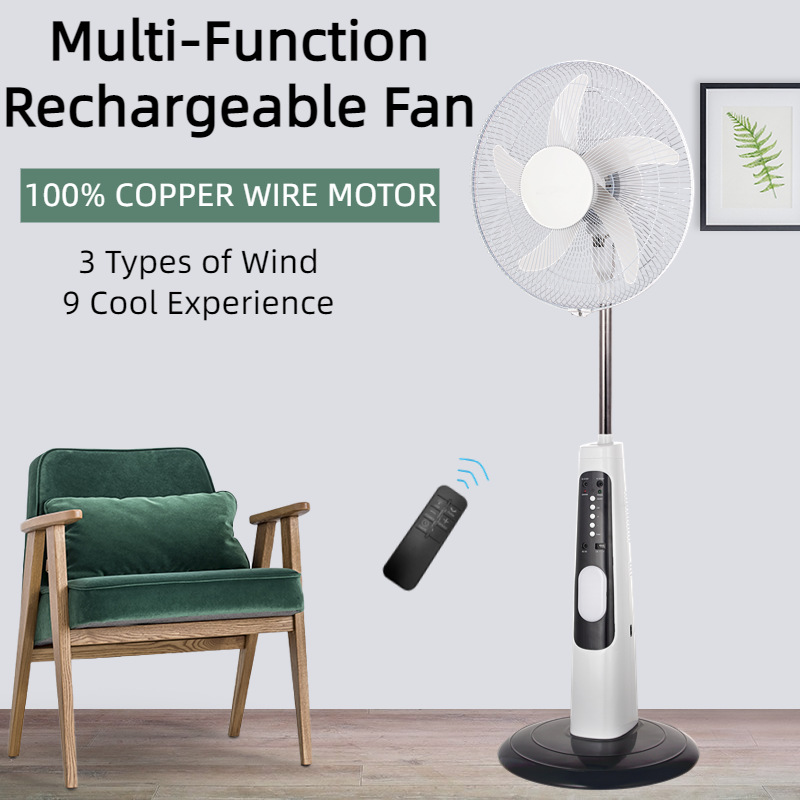 Ventilador de piso recargable de 18 pulgadas con batería de gran capacidad con iluminación de ventilador de emergencia de carga de teléfono móvil