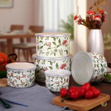 ✅跨境搪瓷保鲜碗加高加厚五件套珐琅冰碗冰箱冷藏密封盒储物罐代