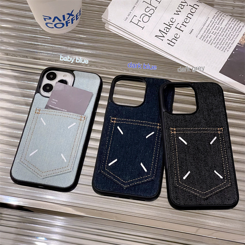 European and American Denim Card-Insert Phone Case Suitable for iPhone 16 Full-Cover Leather 15 Embroidery 14 Hard Case