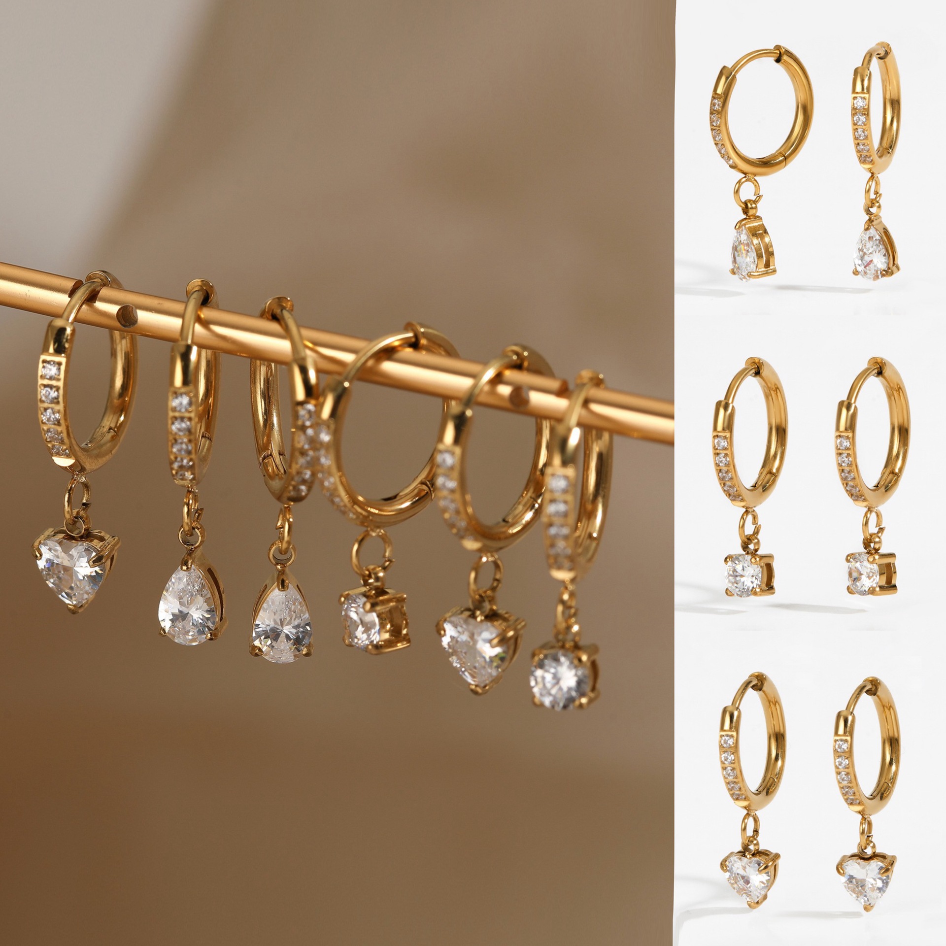 European and American Cross-Border Fashion Exquisite Stainless Steel Earrings Love Water Drop Square Diamond Claw Inlaid Zircon Pendant Earrings for Women Wholesale