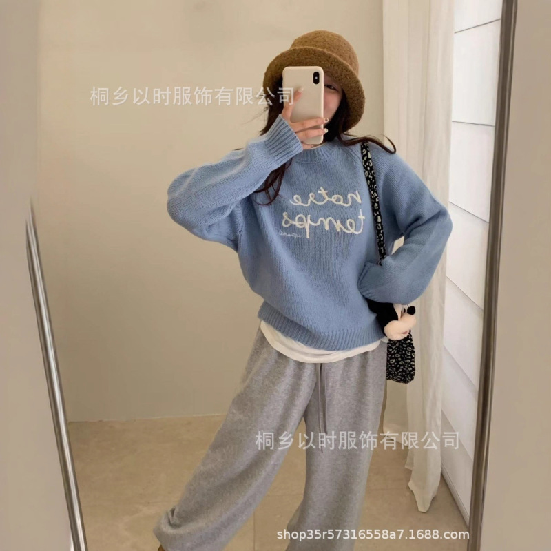 以时 25秋冬季新款韩系少女风刺绣字母毛衣百搭圆领羊毛针织衫 女|undefined