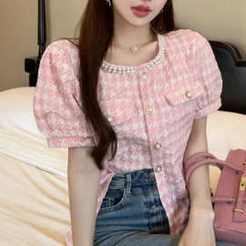 小香风法式甜美千鸟格短袖衬衫女夏设计感小众独特别致泡泡袖上衣