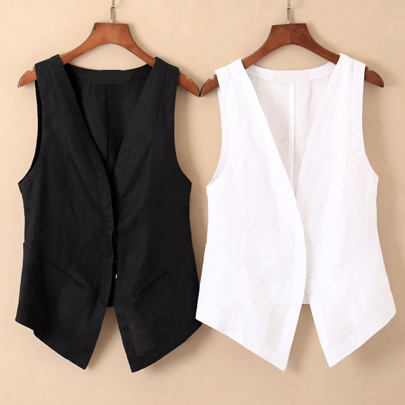 2024 Spring, Summer and Autumn Vest Women's Linen Outerwear Jacket Women's Short Cotton and Linen Vest Casual Thin