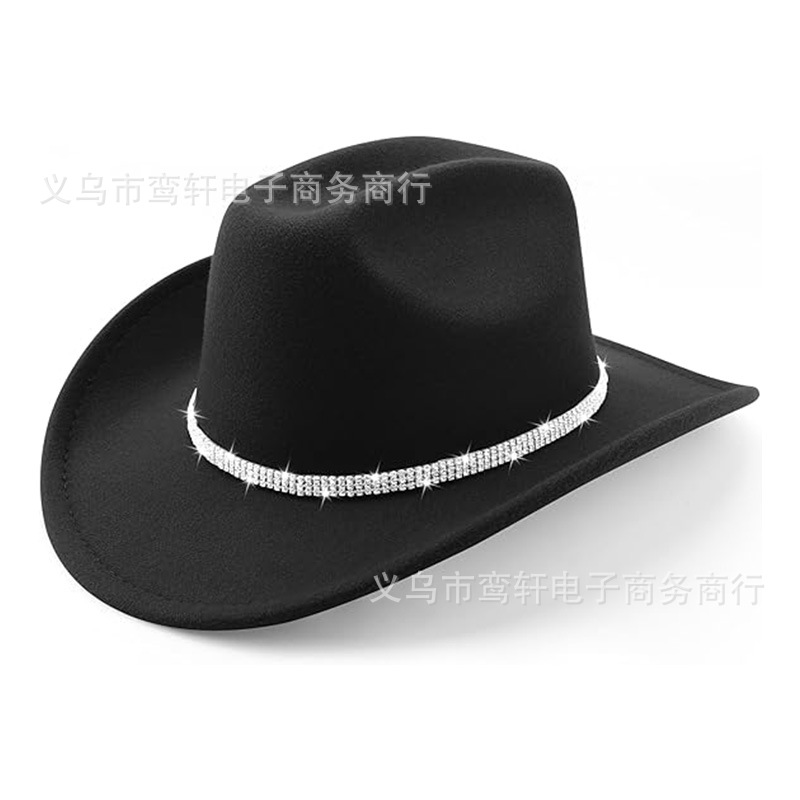 Cross-border woolen cowboy hat, in-stock pink woolen hat with 30% rhinestones, wedding party woolen hat with rhinestone trim