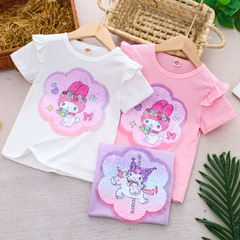 2024 Kids' Summer Outfit New Girl's Double-Sided Color-Changing Glitter Short-Sleeve T-Shirt Cartoon Base Shirt Top - One Piece