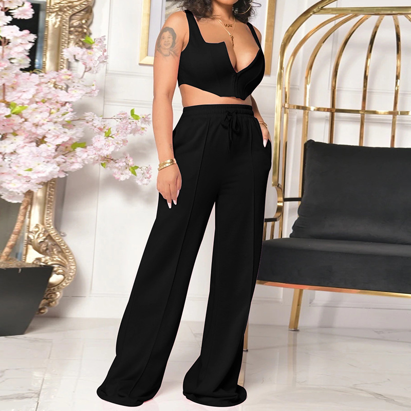 solid color sleeveless top loose wide-leg pants two-piece suit NSJZC110385