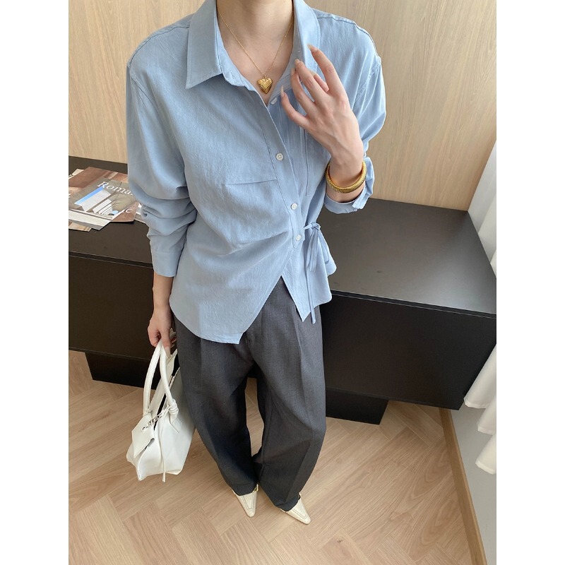 司南 智性通勤感 莱赛尔天丝不规则系带收腰显瘦长袖衬衫 SN8033|undefined