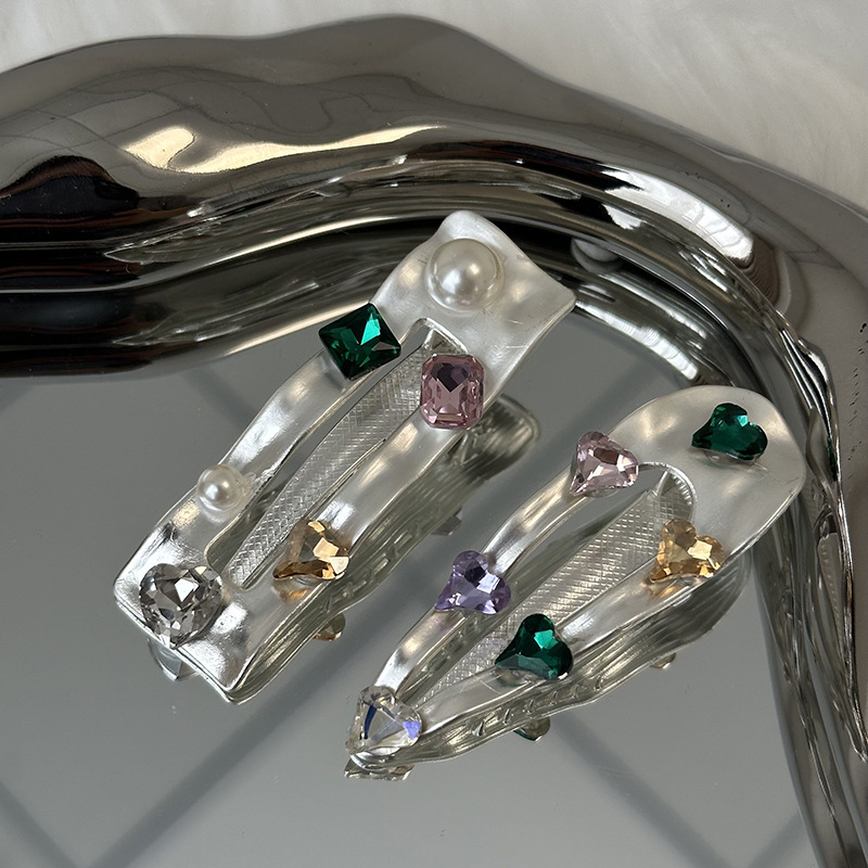 Kleurrijke edelsteen retro elegante zilveren legering Parel Strass eendenbek clip haarspeld meisje Hart zij pony clip_voghion.com
