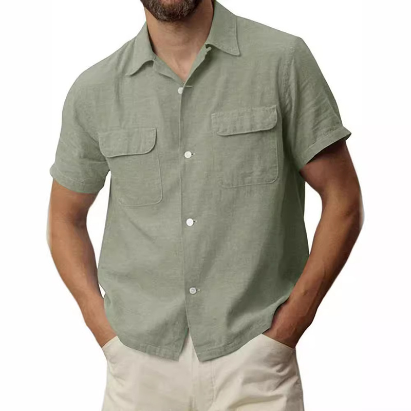 2025 Cross-Border Cotton and Linen Short-Sleeved Men's Shirt Button Cotton Lapel Camp Shirt Beach Casual Pocket Shirt 2025 Cross-Border Cotton and Linen Short-Sleeved Men's Shirt Button Cotton Lapel Camp Shirt Beach Casual Pocket Shirt