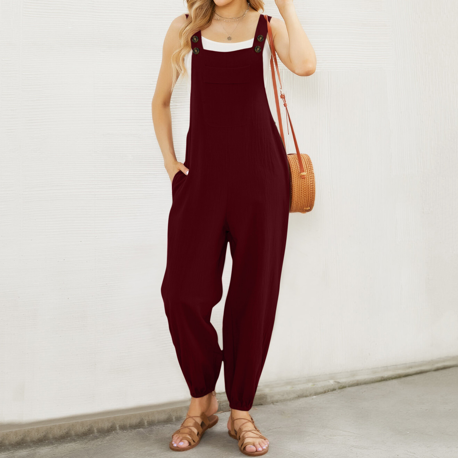 Pantalones de tirantes de bolsillo de la cintura del color sólido del mono de las mujeres europeas y americanas del algodón y del lino
